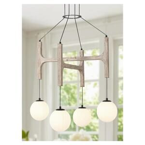 4-Light Farmhouse Mid Century Modern Wood Chandelier Milk Glass Globe